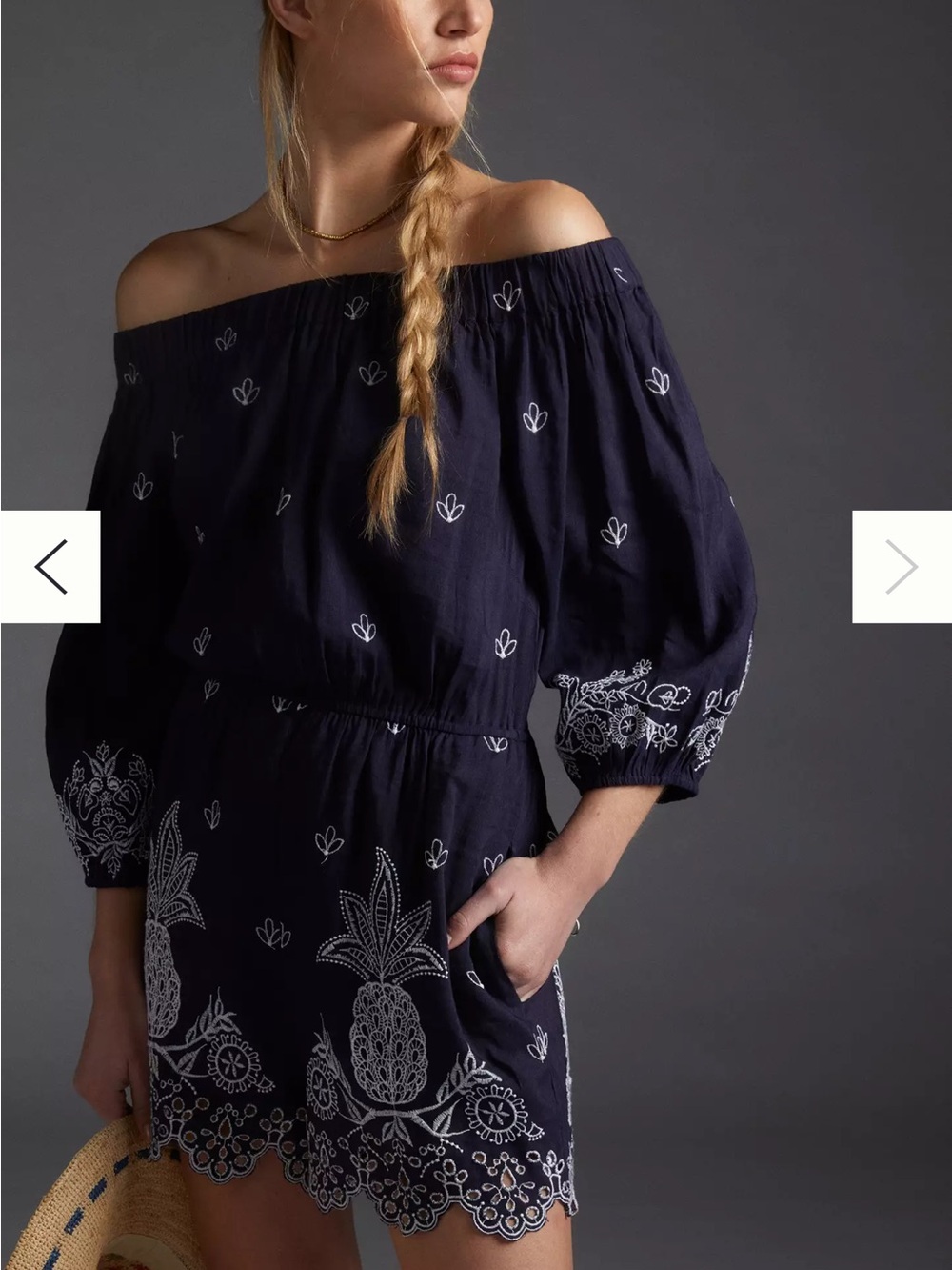 Farm Rio "Jackie" Linen Blend Navy Blue Embroidered Romper - M